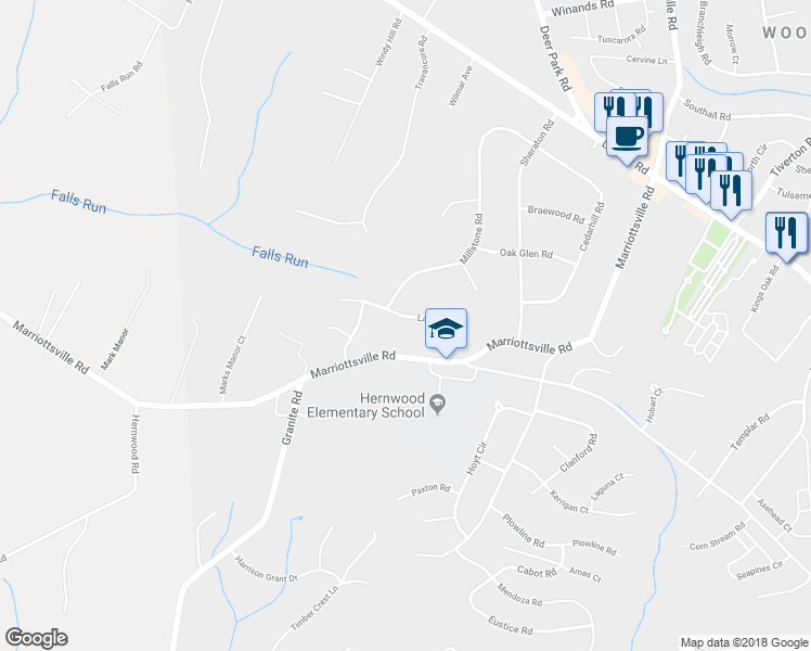 map of restaurants, bars, coffee shops, grocery stores, and more near 3708 Lanamer Road in Randallstown