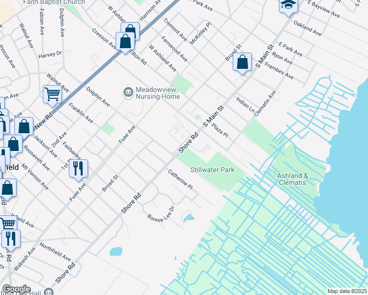 map of restaurants, bars, coffee shops, grocery stores, and more near 215 Shore Road in Northfield