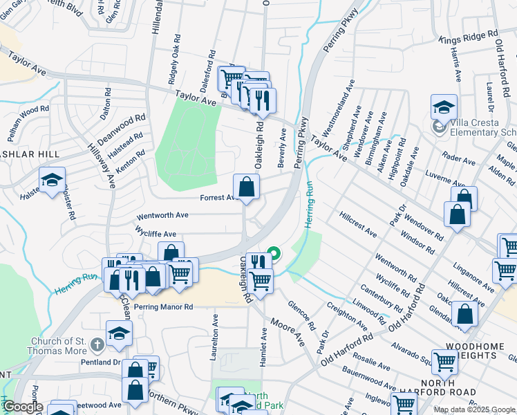 map of restaurants, bars, coffee shops, grocery stores, and more near 1810 Wentworth Road in Parkville
