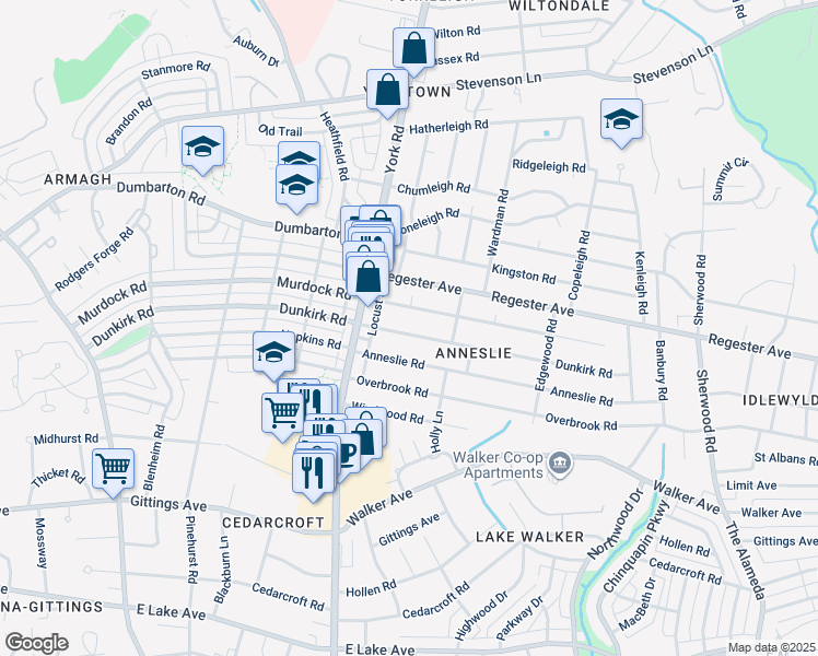 map of restaurants, bars, coffee shops, grocery stores, and more near 514 Dunkirk Road in Baltimore