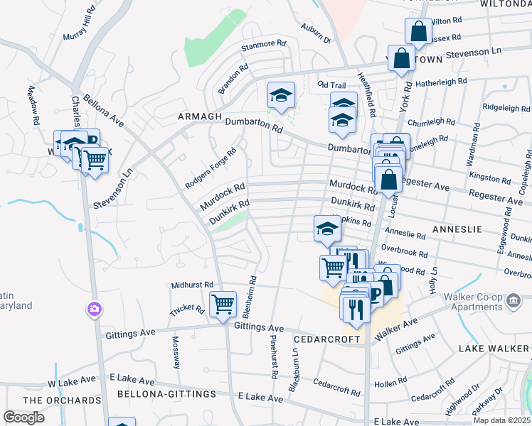 map of restaurants, bars, coffee shops, grocery stores, and more near 120 Hopkins Road in Baltimore