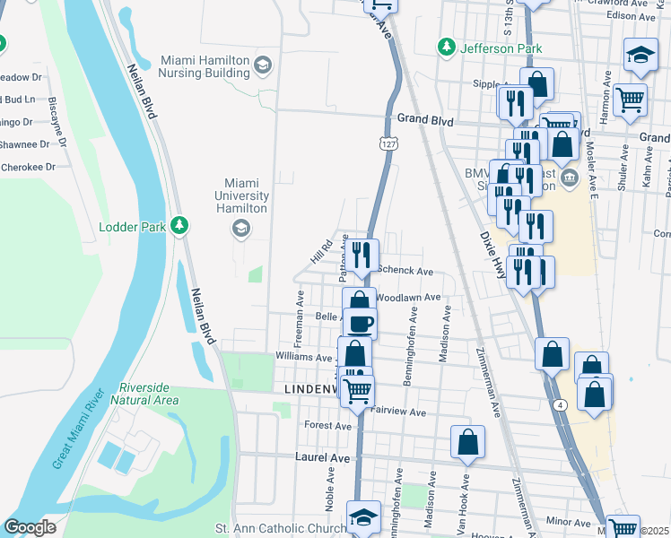 map of restaurants, bars, coffee shops, grocery stores, and more near 422 Bank Avenue in Hamilton