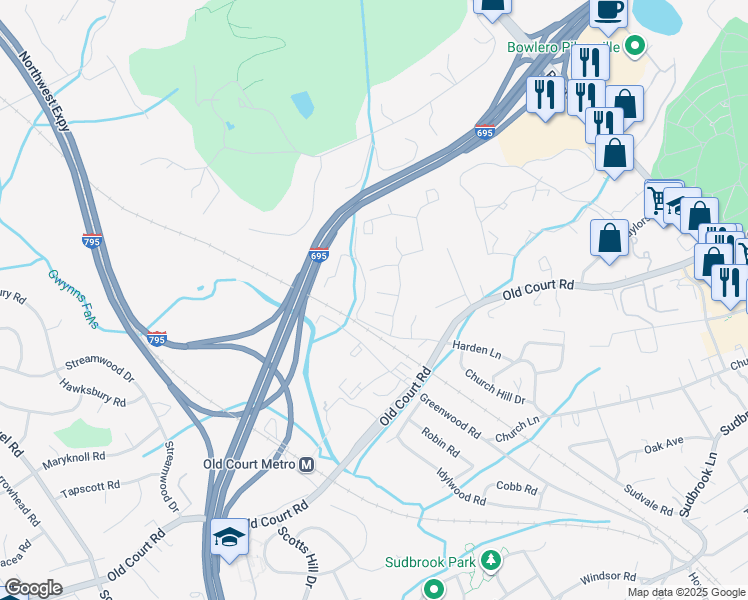 map of restaurants, bars, coffee shops, grocery stores, and more near 13 Weyanoke Court in Pikesville