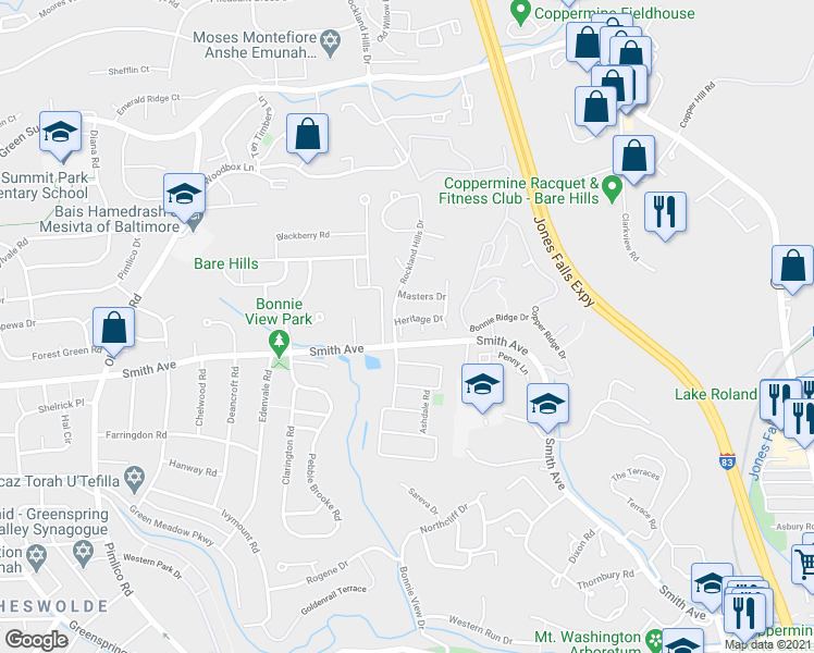 map of restaurants, bars, coffee shops, grocery stores, and more near 1 1st Tee Court in Baltimore