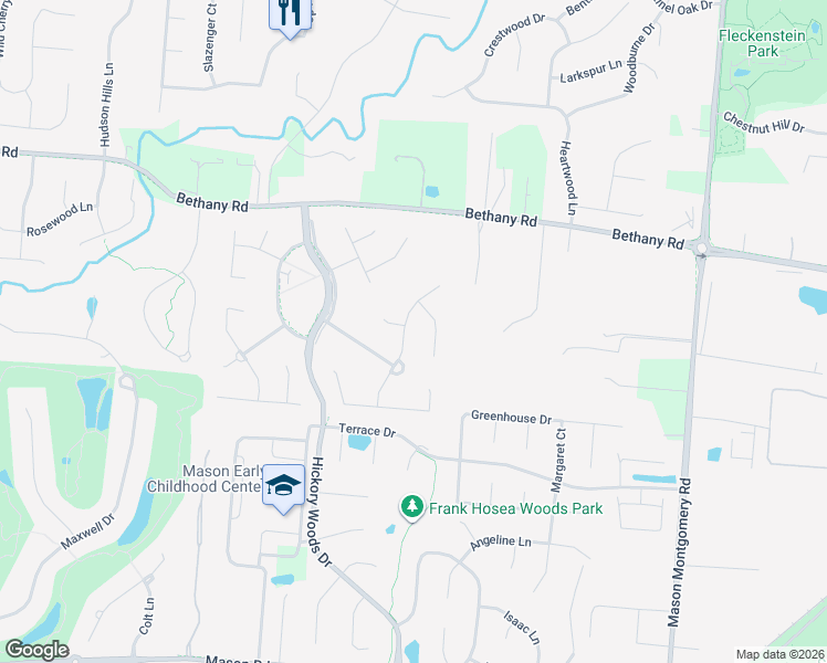 map of restaurants, bars, coffee shops, grocery stores, and more near 4446 Wilderness Way in Mason