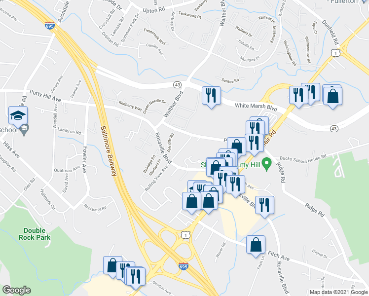map of restaurants, bars, coffee shops, grocery stores, and more near 7931 Rolling View Avenue in Nottingham
