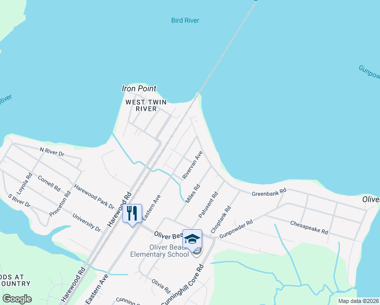 map of restaurants, bars, coffee shops, grocery stores, and more near 13219 Eastern Avenue in Middle River