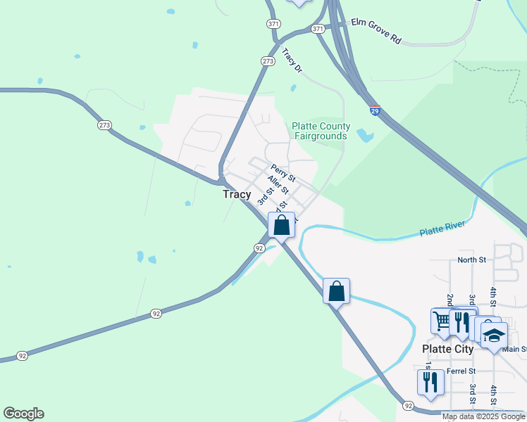 map of restaurants, bars, coffee shops, grocery stores, and more near 210 Belt Street in Platte City