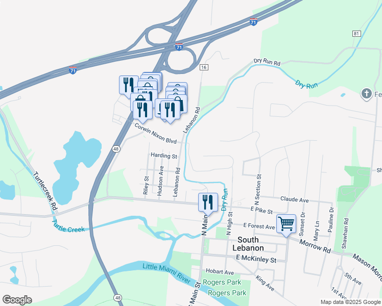 map of restaurants, bars, coffee shops, grocery stores, and more near 178 Sycamore Lane in South Lebanon