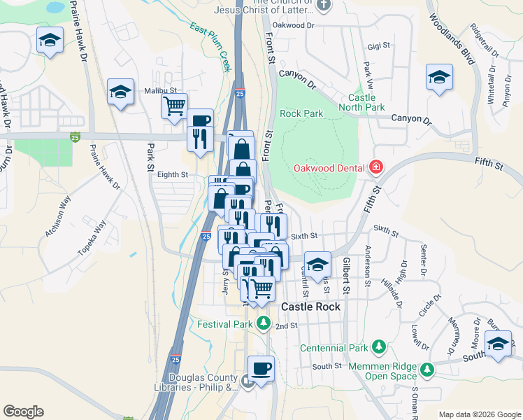 map of restaurants, bars, coffee shops, grocery stores, and more near 317 7th Street in Castle Rock