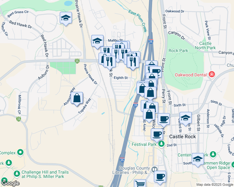 map of restaurants, bars, coffee shops, grocery stores, and more near 20 Jason Street in Castle Rock