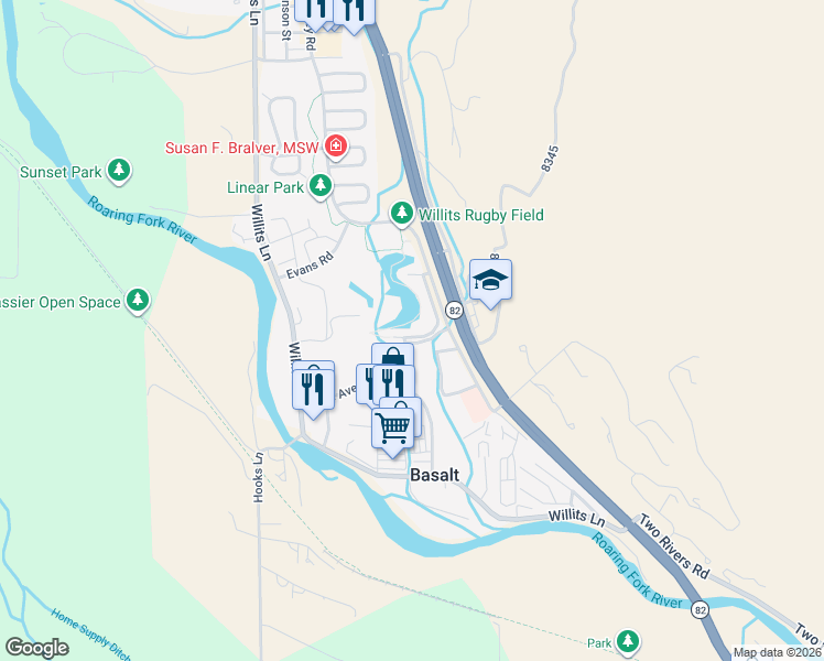 map of restaurants, bars, coffee shops, grocery stores, and more near Lake Avenue in Basalt