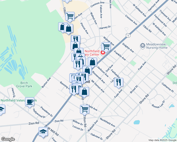 map of restaurants, bars, coffee shops, grocery stores, and more near 1013 New Road in Northfield