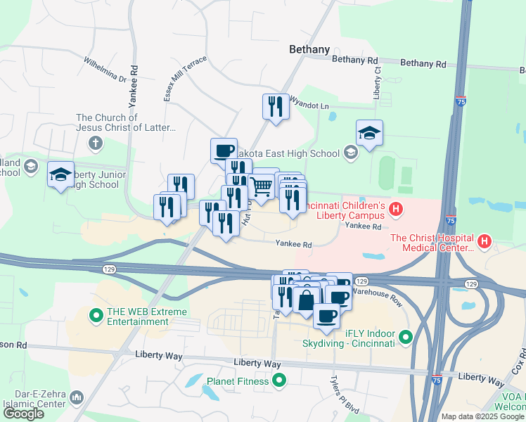 map of restaurants, bars, coffee shops, grocery stores, and more near 7300 Yankee Road in Middletown