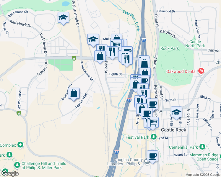 map of restaurants, bars, coffee shops, grocery stores, and more near 20 Jason Street in Castle Rock