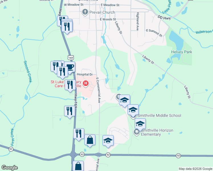 map of restaurants, bars, coffee shops, grocery stores, and more near 639 South Commercial Avenue in Smithville