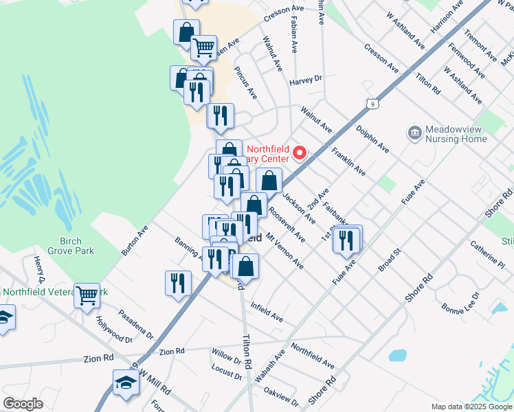 map of restaurants, bars, coffee shops, grocery stores, and more near 1013 New Road in Northfield