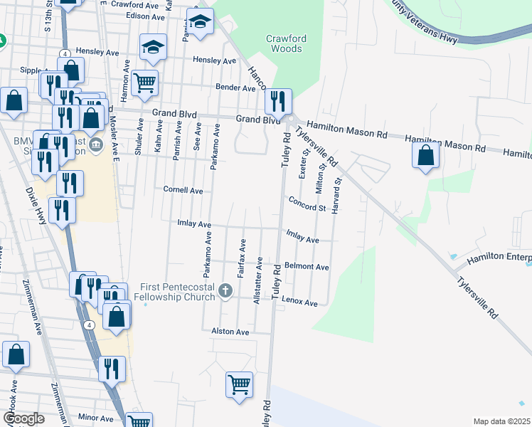 map of restaurants, bars, coffee shops, grocery stores, and more near 2512 Imlay Avenue in Hamilton