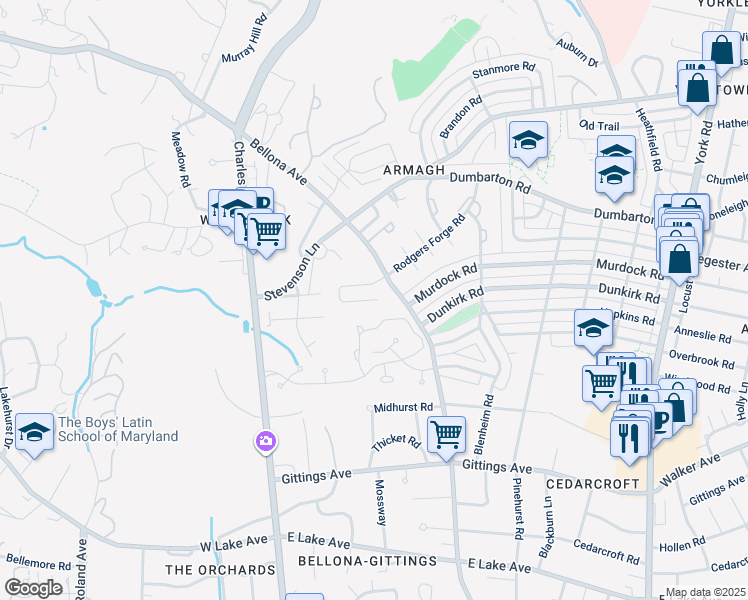 map of restaurants, bars, coffee shops, grocery stores, and more near 102 Villabrook Way in Baltimore