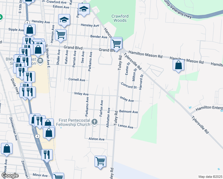 map of restaurants, bars, coffee shops, grocery stores, and more near 2512 Imlay Avenue in Hamilton