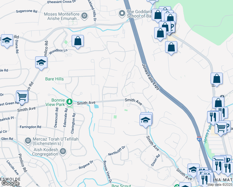 map of restaurants, bars, coffee shops, grocery stores, and more near 5 3rd Tee Court in Baltimore