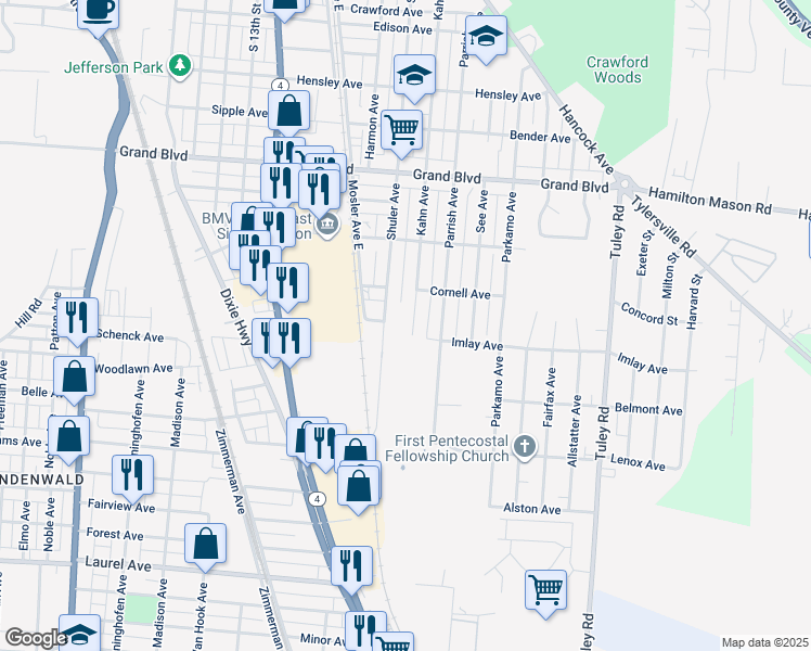 map of restaurants, bars, coffee shops, grocery stores, and more near 1899 Kahn Avenue in Hamilton