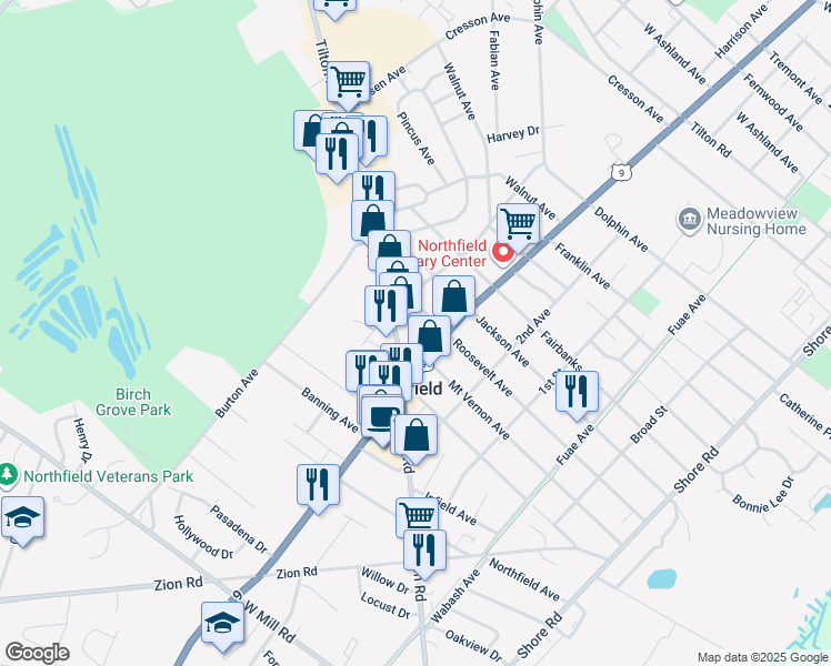 map of restaurants, bars, coffee shops, grocery stores, and more near 1120 Tilton Road in Northfield