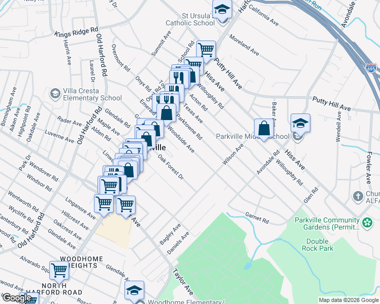 map of restaurants, bars, coffee shops, grocery stores, and more near 3025 Woodside Avenue in Parkville