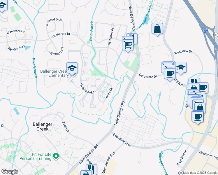 map of restaurants, bars, coffee shops, grocery stores, and more near 5175 Duke Court in Frederick