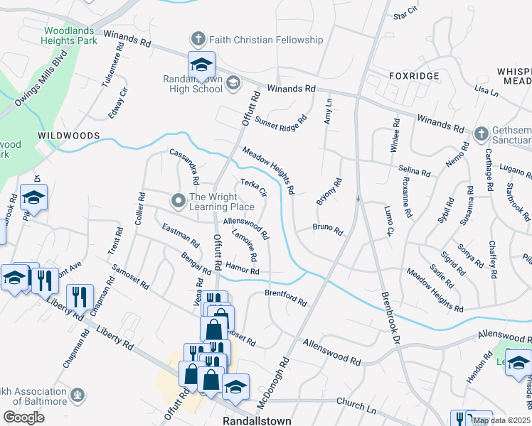 map of restaurants, bars, coffee shops, grocery stores, and more near 3846 Terka Circle in Randallstown