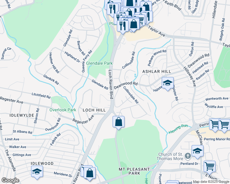 map of restaurants, bars, coffee shops, grocery stores, and more near 6616 Wycombe Way in Parkville