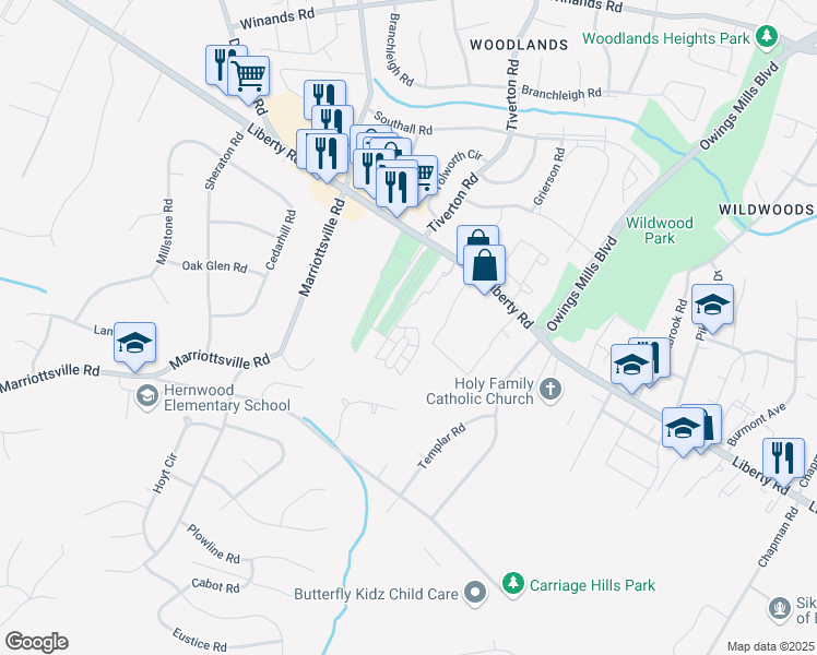 map of restaurants, bars, coffee shops, grocery stores, and more near 9707 Liberty Road in Randallstown