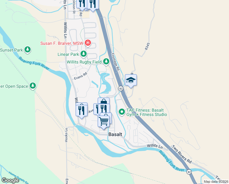 map of restaurants, bars, coffee shops, grocery stores, and more near Lake Avenue in Basalt