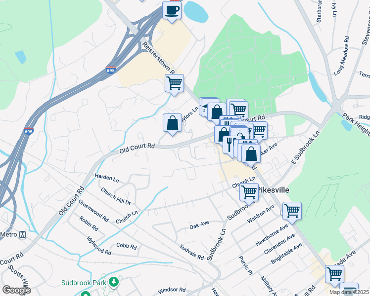 map of restaurants, bars, coffee shops, grocery stores, and more near 1601 Hutzler Lane in Pikesville