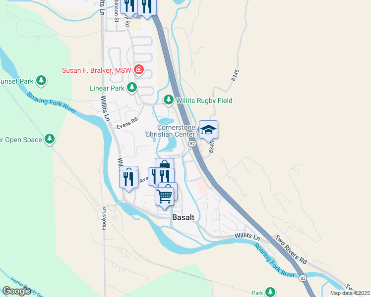 map of restaurants, bars, coffee shops, grocery stores, and more near Lake Avenue in Basalt
