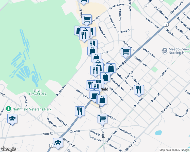 map of restaurants, bars, coffee shops, grocery stores, and more near 1315 New Road in Northfield