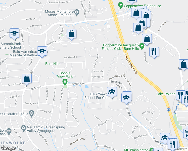 map of restaurants, bars, coffee shops, grocery stores, and more near 2106 Smith Avenue in Baltimore