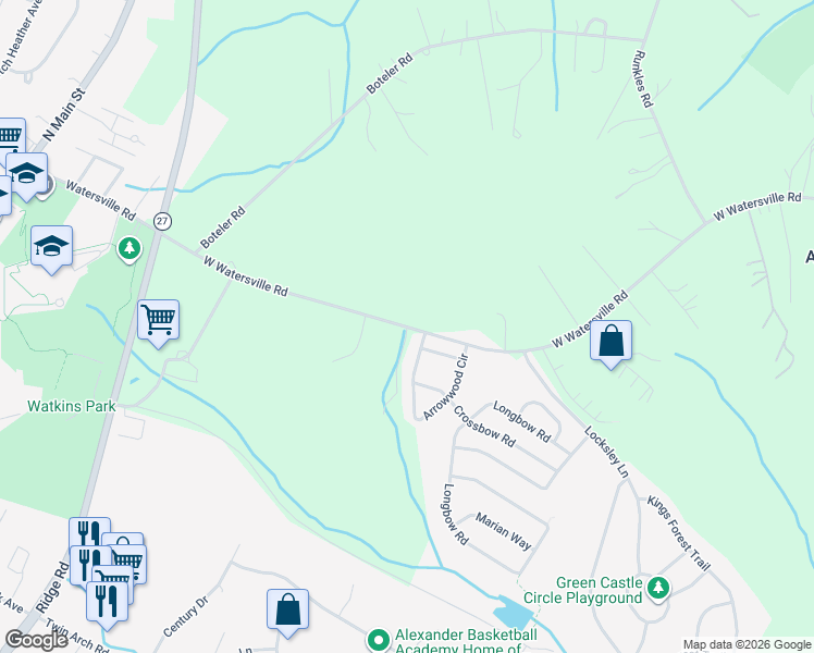 map of restaurants, bars, coffee shops, grocery stores, and more near 3793 West Watersville Road in Mount Airy