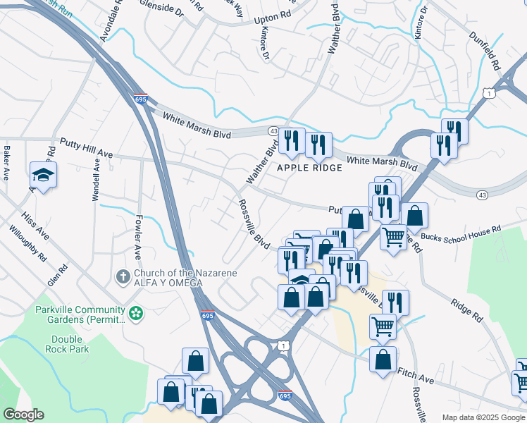 map of restaurants, bars, coffee shops, grocery stores, and more near 7935 Belridge Road in Overlea