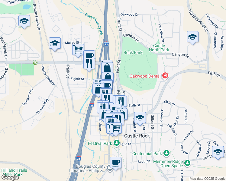 map of restaurants, bars, coffee shops, grocery stores, and more near 317 7th Street in Castle Rock