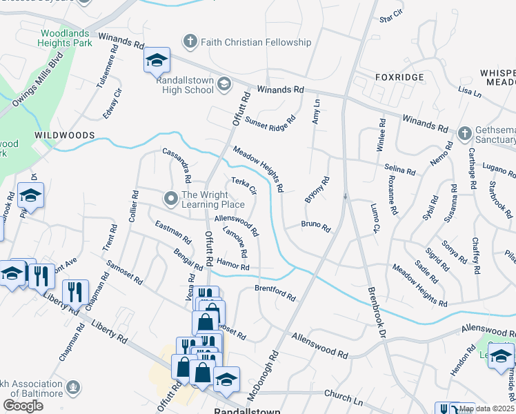 map of restaurants, bars, coffee shops, grocery stores, and more near 3846 Terka Circle in Randallstown