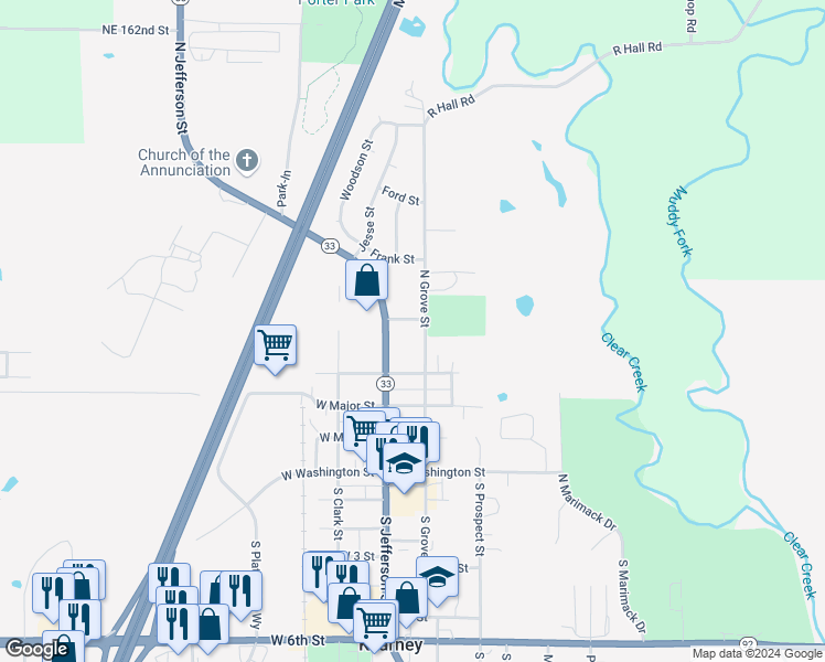 map of restaurants, bars, coffee shops, grocery stores, and more near 102 E Lawrence Street in Kearney