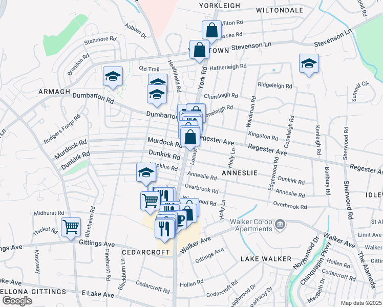 map of restaurants, bars, coffee shops, grocery stores, and more near 503 Dunkirk Road in Baltimore