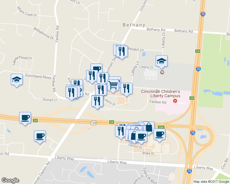 map of restaurants, bars, coffee shops, grocery stores, and more near 7300 Yankee Road in Middletown