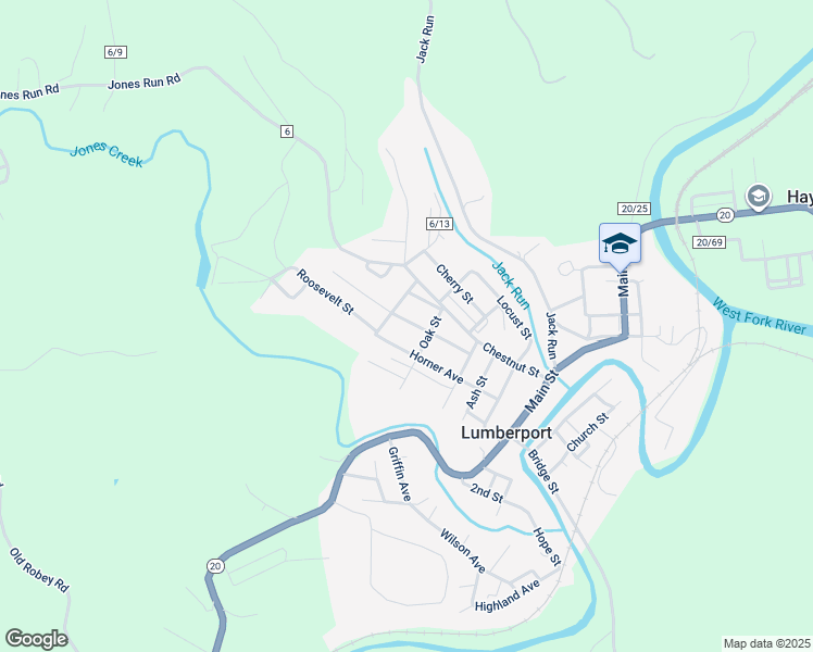 map of restaurants, bars, coffee shops, grocery stores, and more near 108 Oak Street in Lumberport