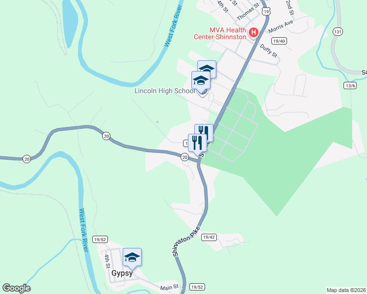 map of restaurants, bars, coffee shops, grocery stores, and more near 33 Lincoln Drive in Shinnston