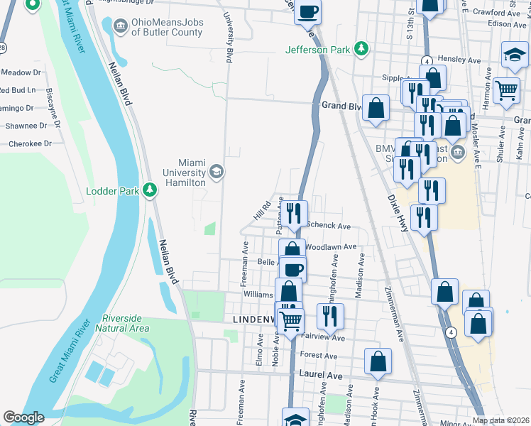 map of restaurants, bars, coffee shops, grocery stores, and more near 406 Fallert Avenue in Hamilton