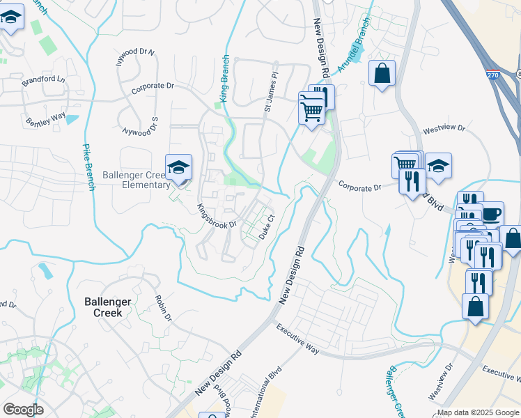 map of restaurants, bars, coffee shops, grocery stores, and more near 5224 Regal Court in Frederick