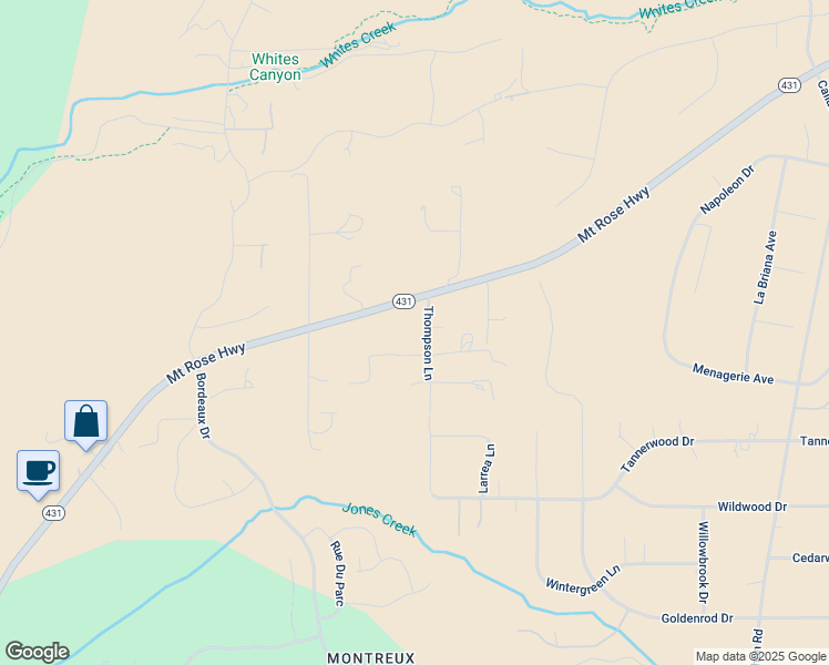 map of restaurants, bars, coffee shops, grocery stores, and more near 4935 Thompson Court in Reno