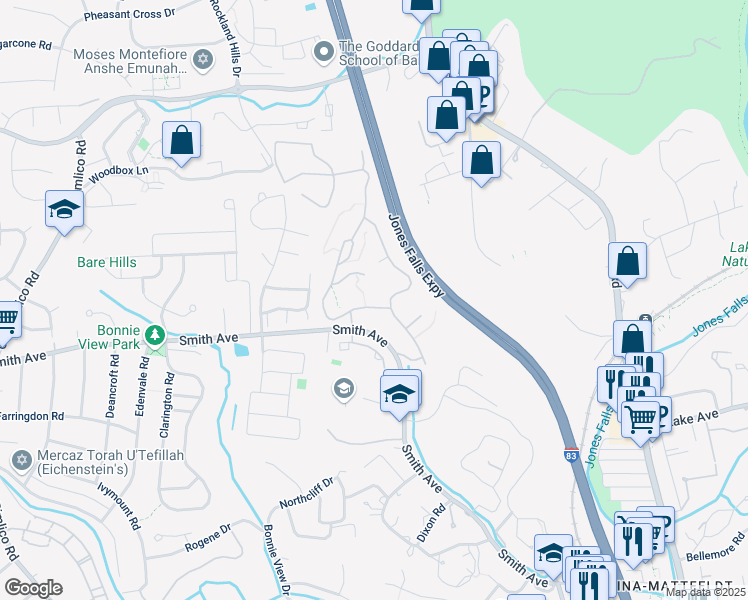 map of restaurants, bars, coffee shops, grocery stores, and more near 6605 Bonnie Ridge Drive in Baltimore